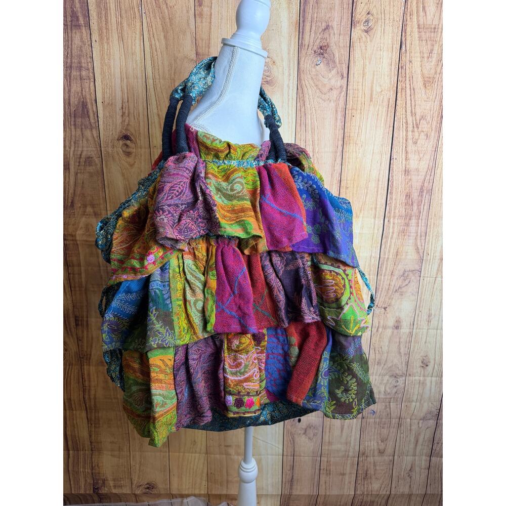 ANU Patchwork Boho Shoulder Bag Colorful Tapestry Ruffle Hobo Slouchy NEW